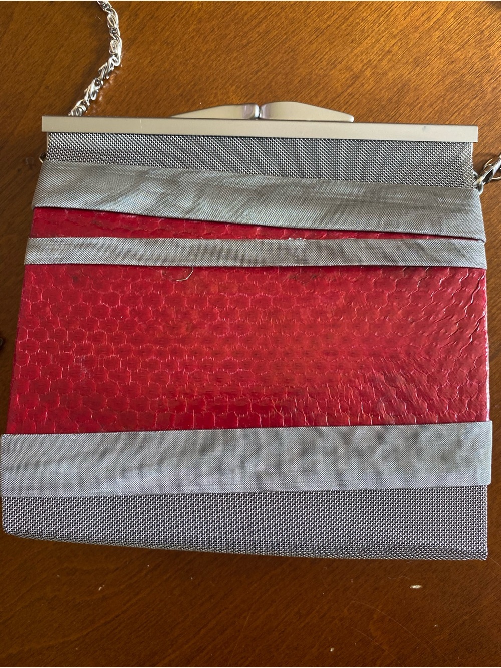 Bos Art studio Red snakeskin and Silver/gray mesh Evening Clutch Bag